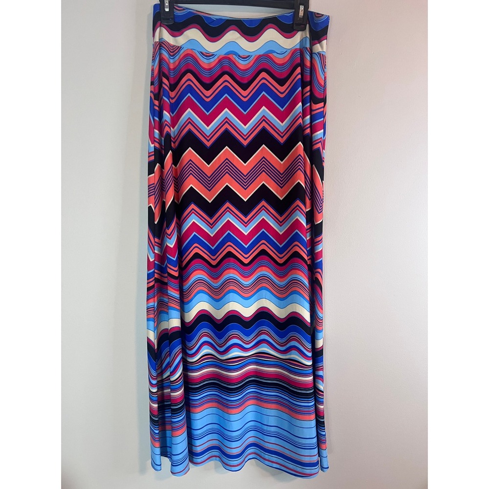 New Directions Women Blue Pink Chevron Stripe Maxi Skirt Size M Stretch Jersey